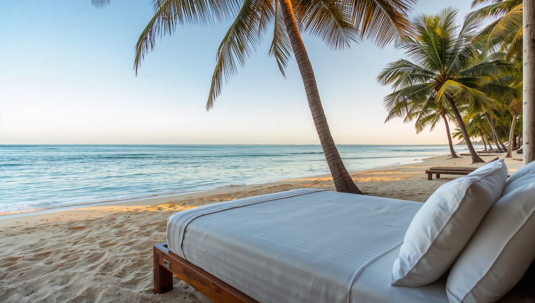Relaxing Daybed on Tropical Beach Overlooking Calm Ocean and Palm Trees at Sunrise