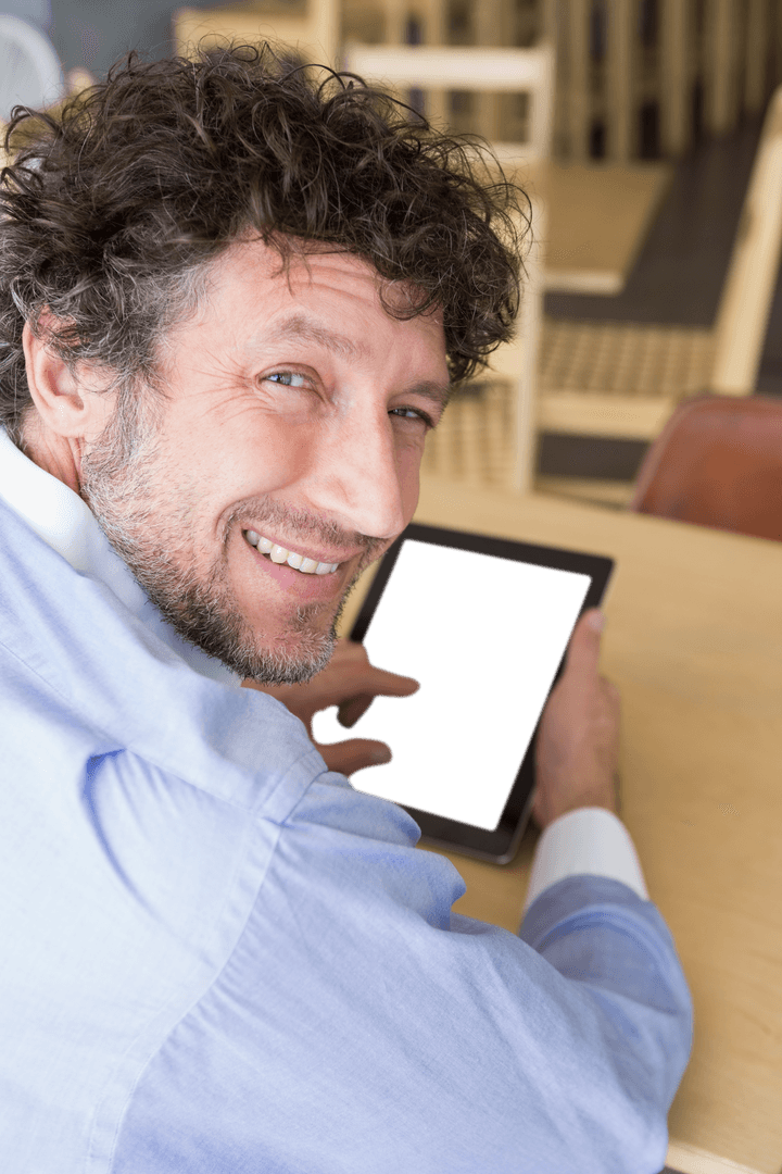 Smiling Man Looking Over Shoulder Holding Transparent Tablet