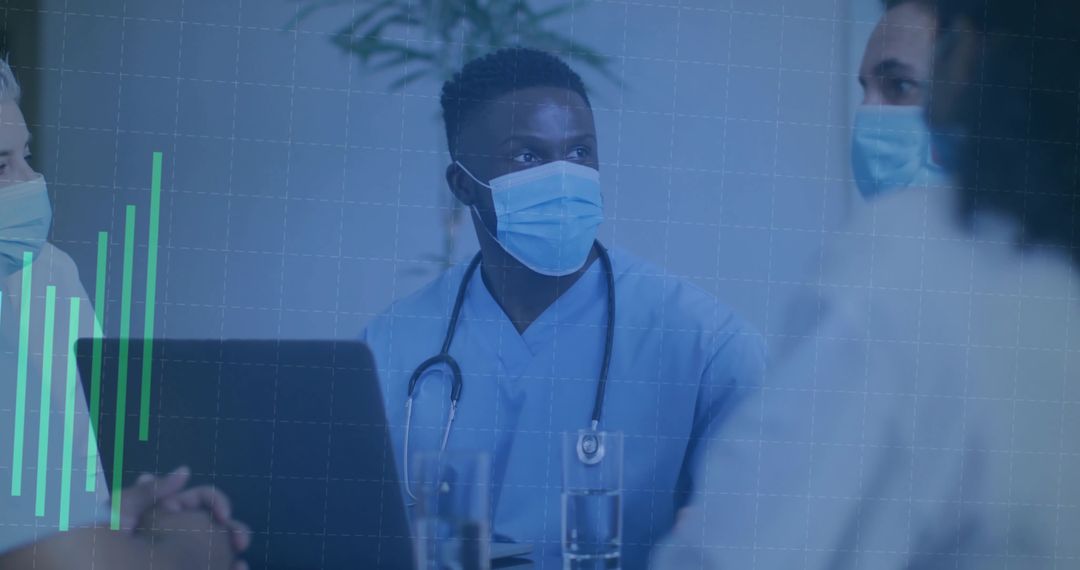 Doctor Collaborating in Hospital Meeting with Digital Technology Overlay