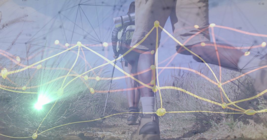 Hiker Traversing Rural Trail with Network Connections Overlaid