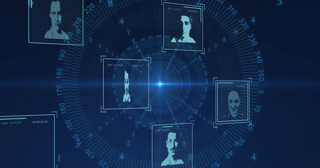 Futuristic Data Interface with Rotating Digital Portraits