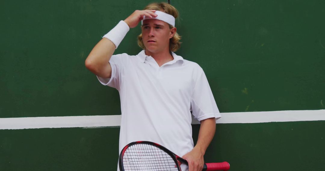 Young male tennis player shielding eyes squinting at green practice wall with red racket