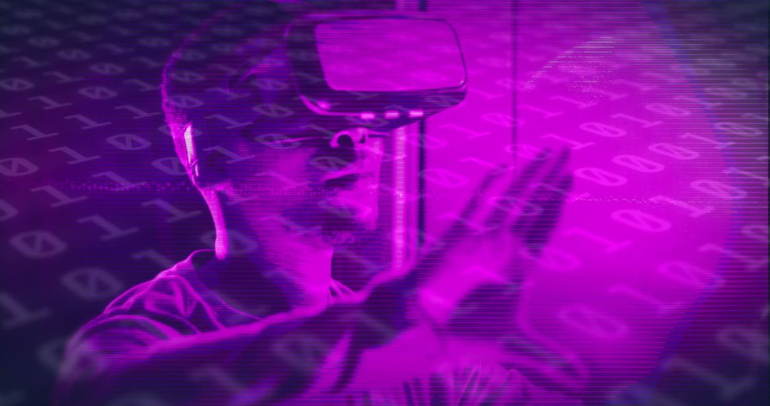 African American Man in VR Headset with Binary Overlay
