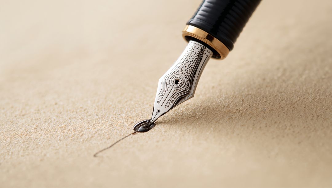 Luxury fountain pen nib touching textured paper leaving black ink droplet and line