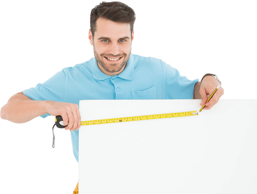 Smiling Engineer Measuring Blank Transparent Billboard