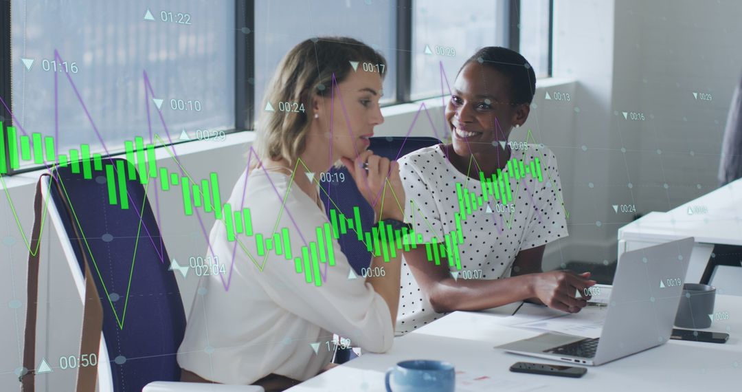 Diverse Coworkers Analyzing Data with Graph Overlay in Modern Office