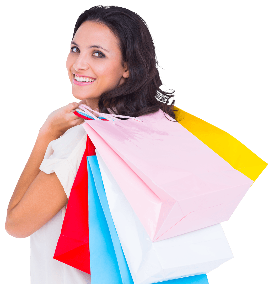 Cheerful Woman Holding Colorful Shopping Bags on Transparent Background
