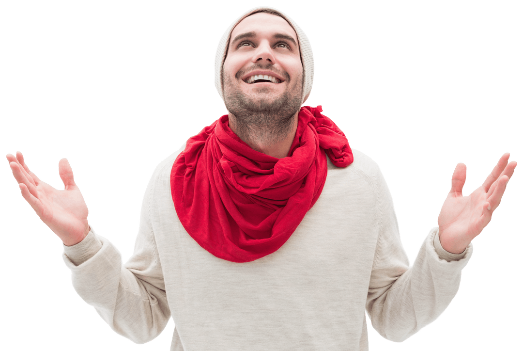 Joyful Caucasian Man in Red Scarf Smiling on Transparent Background