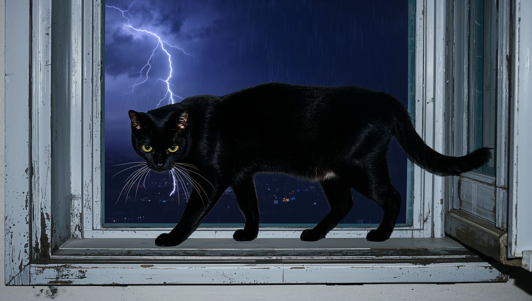 Moody Black Cat Walking in Stormy Night with Lightning