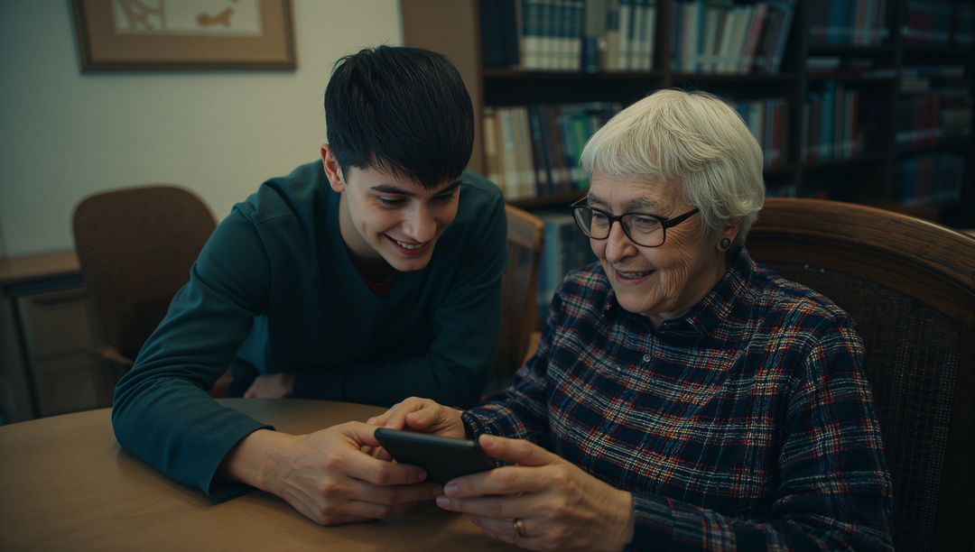 Grandmother and Grandson Bonding Over Smartphone in Library