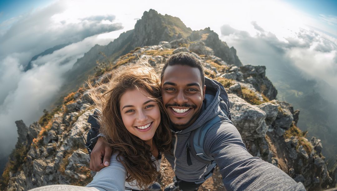 Smiling young couple taking summit selfie on rocky mountain ridge with backpacks