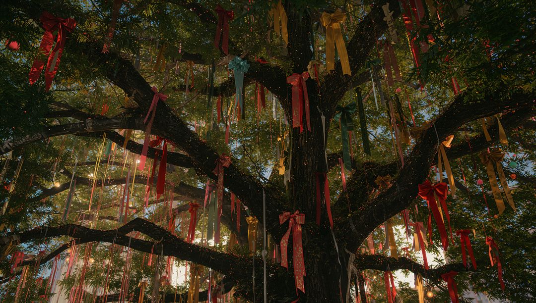 Colorful Ribbons Draping Tree Branches in Sunlit Garden