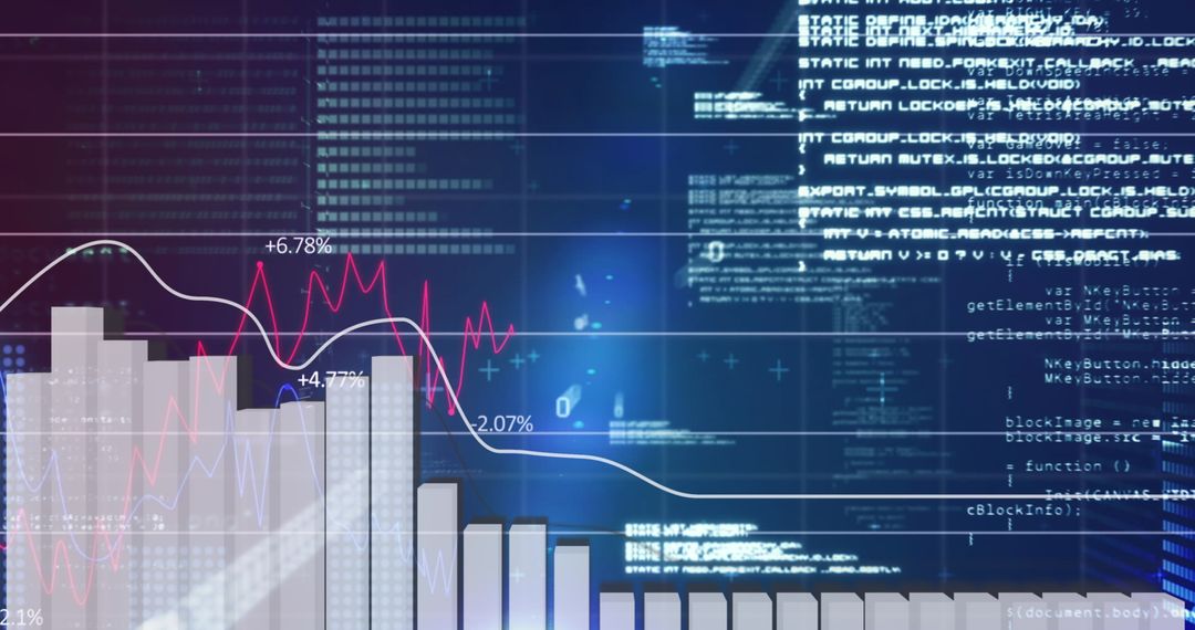 Digital Data Graph with Code Interface on Blue Background