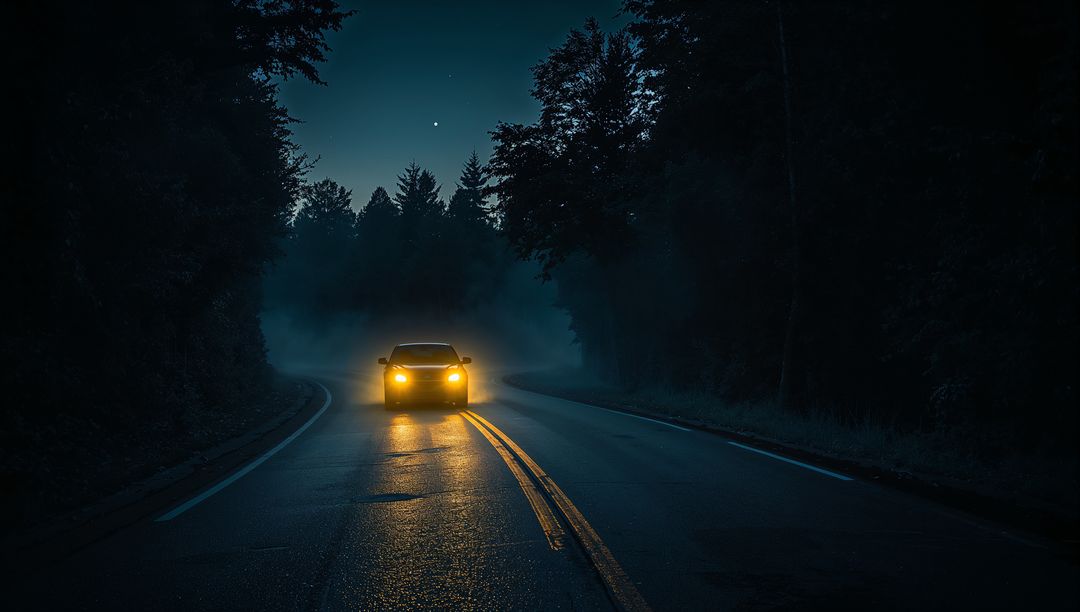 Car Cutting Through Fog on Dark Forest Road with Reflective Double Yellow Lines
