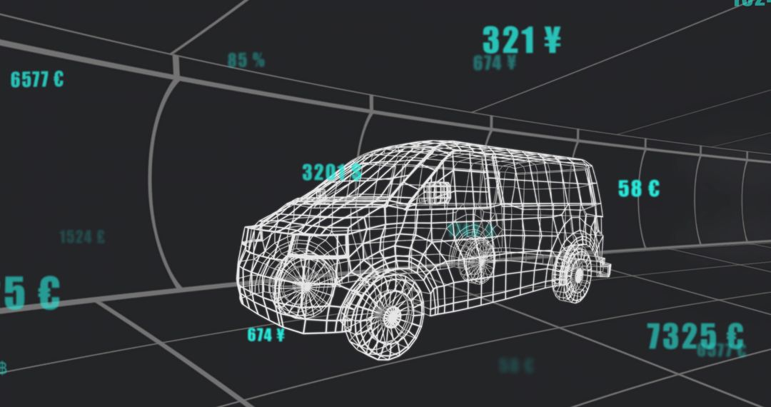 Futuristic Wireframe Cargo Van with Floating Currency Symbols