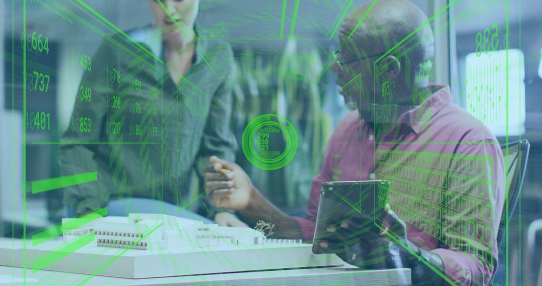 Business Team Discussing Scale Model with Futuristic Overlay