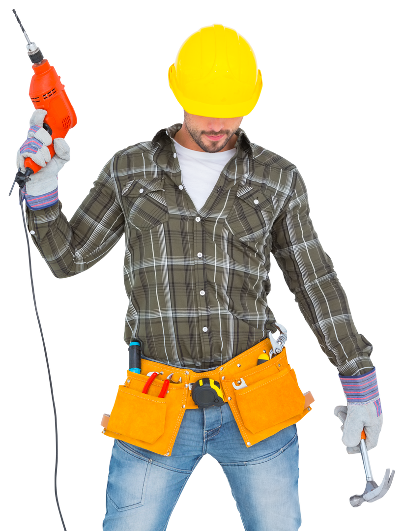 Transparent hardworking repairman holding hammer and drill - Download Free Stock Images Pikwizard.com