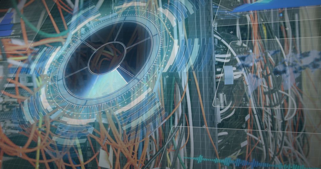Futuristic Data Center with Network Cables and Holographic Elements