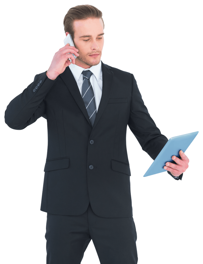 Transparent Businessman Holding Tablet and Talking on Phone