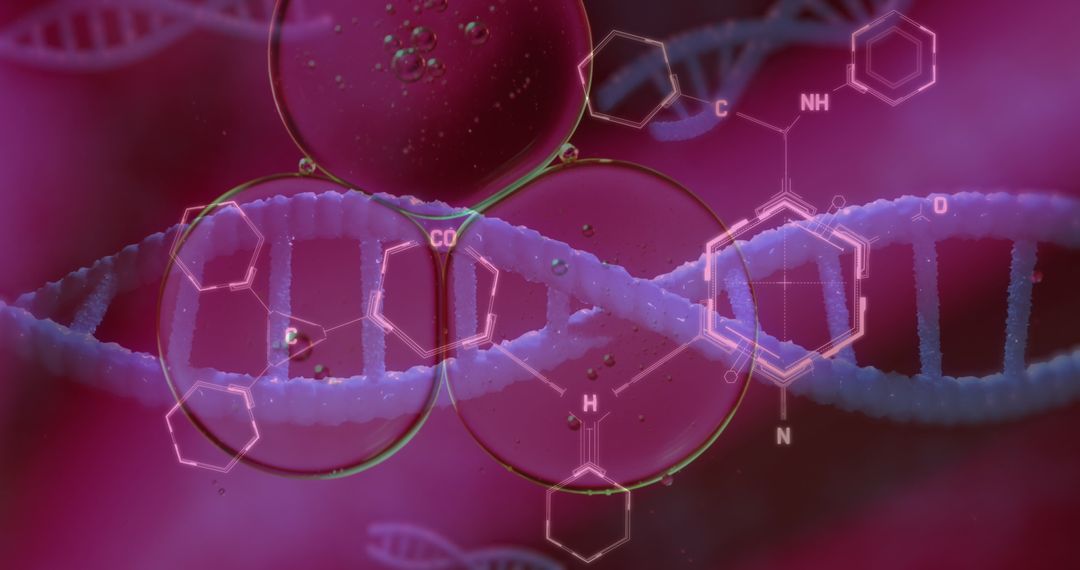 DNA Strand and Chemical Molecules Overlapping in Vibrant Purple