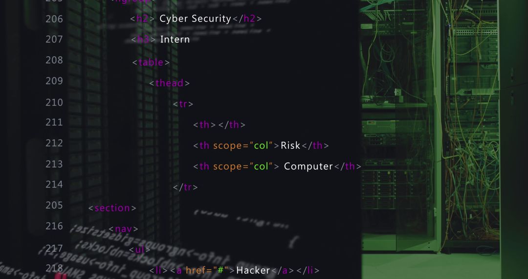 Code Overlay on Server Room Interior Concept of Cyber Security