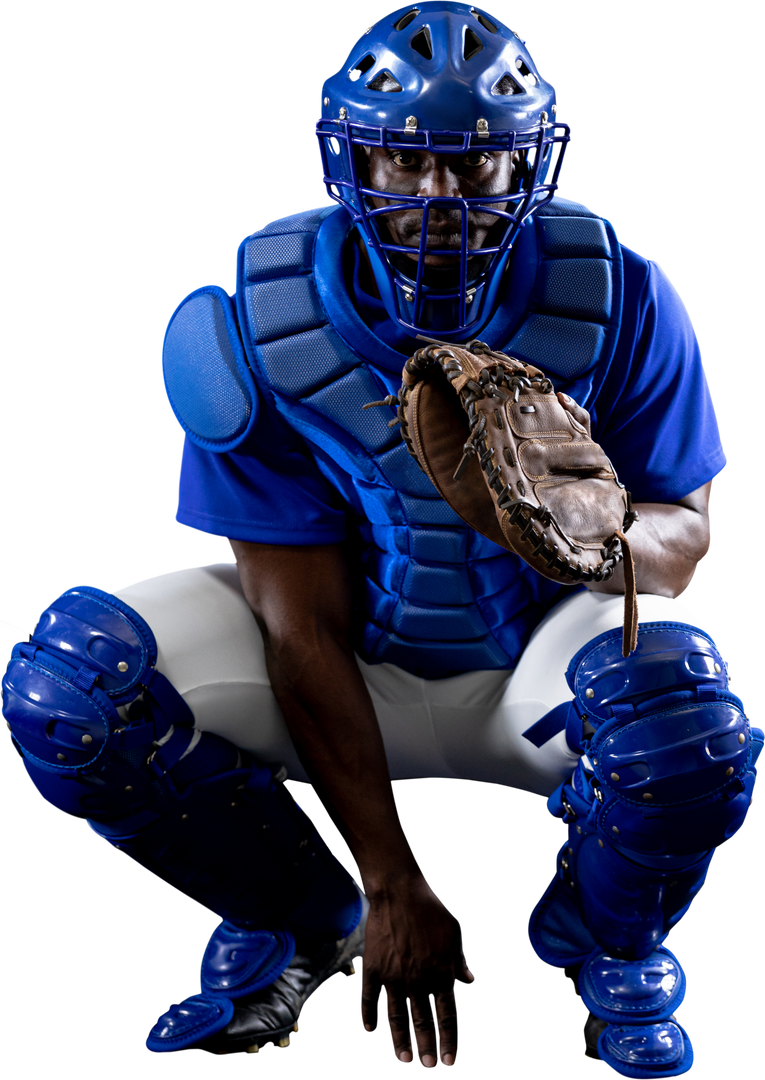 African American Male Baseball Catcher in Blue Protective Gear on White Background Transparency - Download Free Stock Images Pikwizard.com