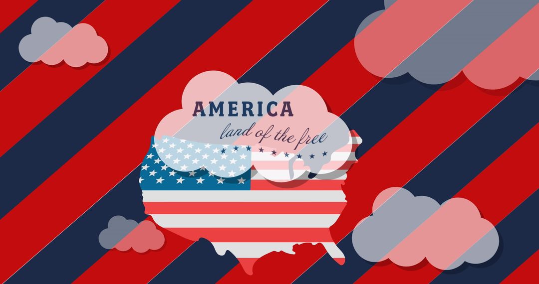 USA Map with Patriotic Red Stripes and Cloud Elements
