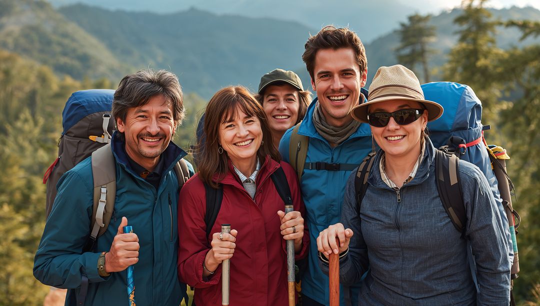 Group of Hikers Smiling on Mountain Trail During Essentials-Packed Adventure