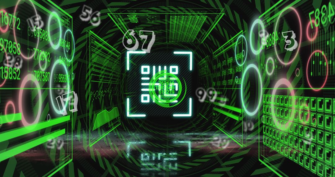 Neon Digital Tunnel with QR Code and Data Flowing
