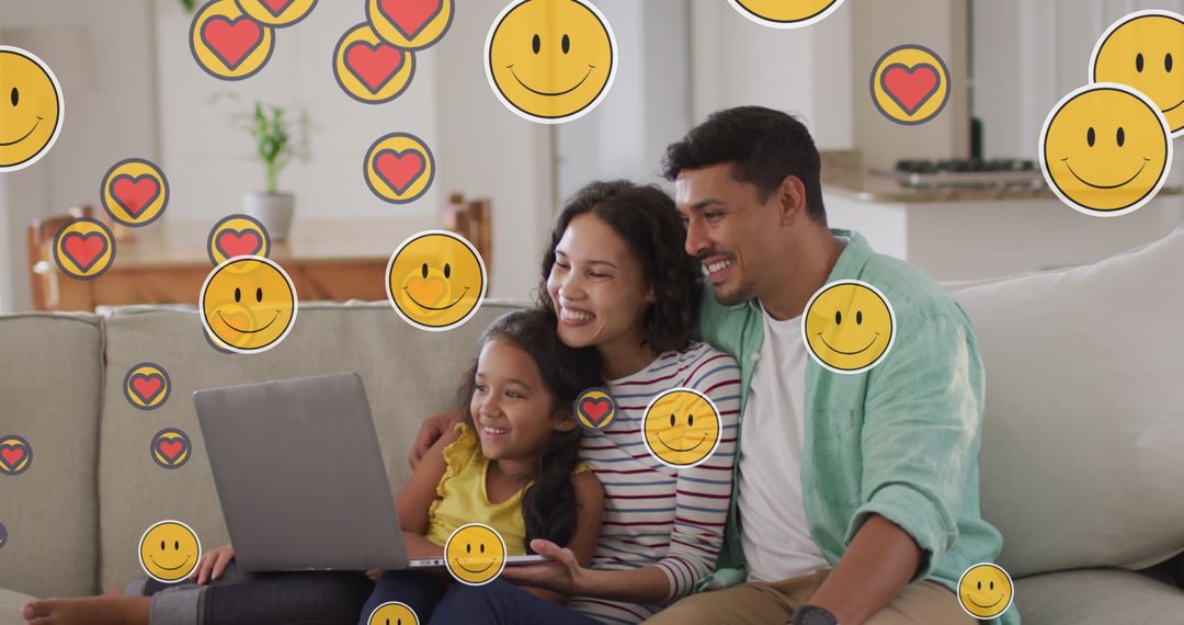 Happy Family Using Laptop with Floating Emoji Icons
