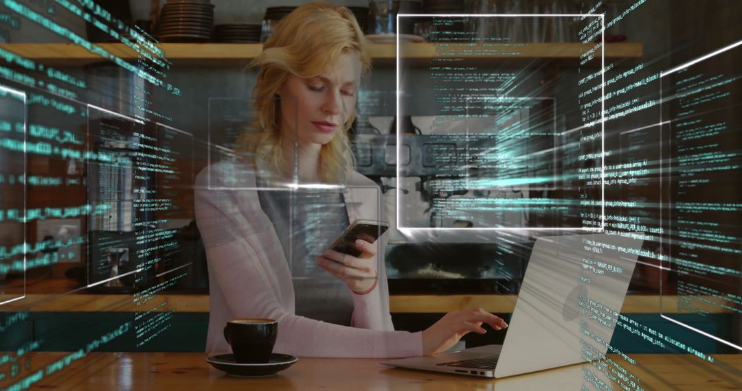 Woman Coder Utilizing Mobile and Laptop in Trendy Cafe Setting