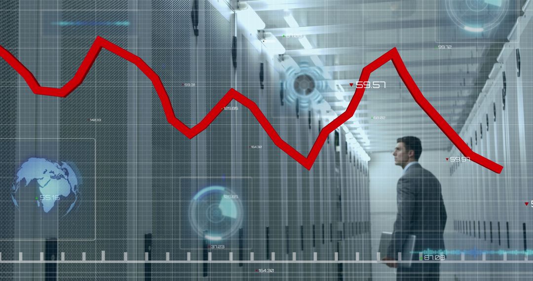 Business Professional Analyzing Data Trends in Futuristic Server Environment