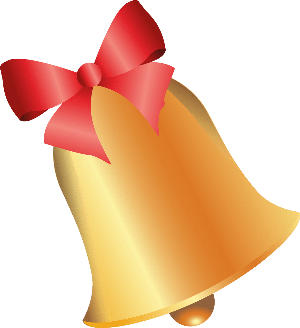 Golden Holiday Bell with Red Ribbon on Transparent Background