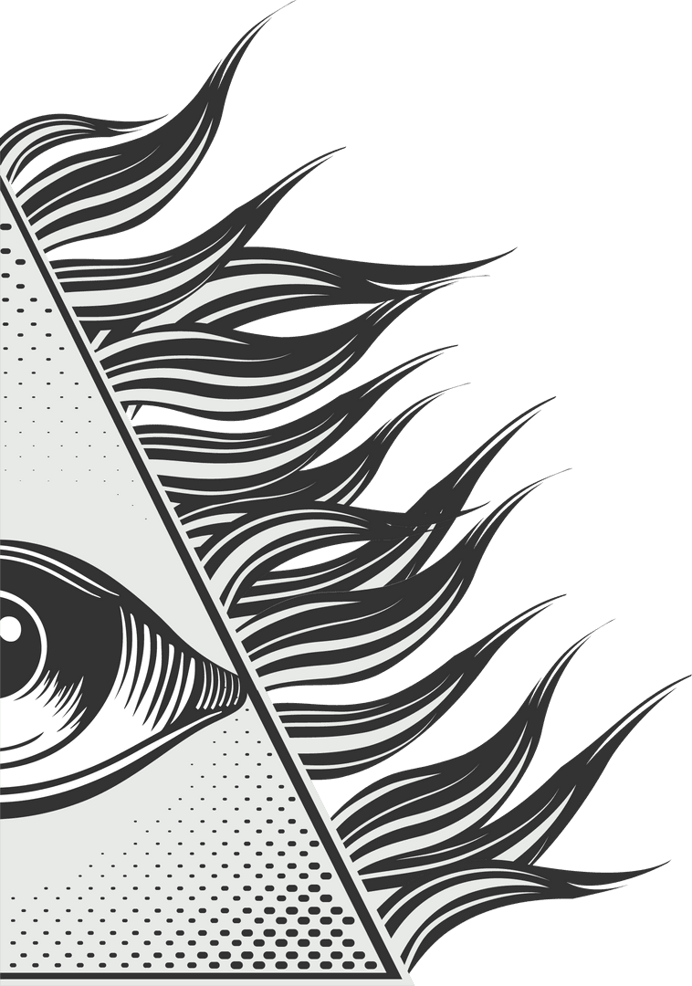 Stylized Hypnotic Eye in Triangle with Flame Rays on Transparent Canvas