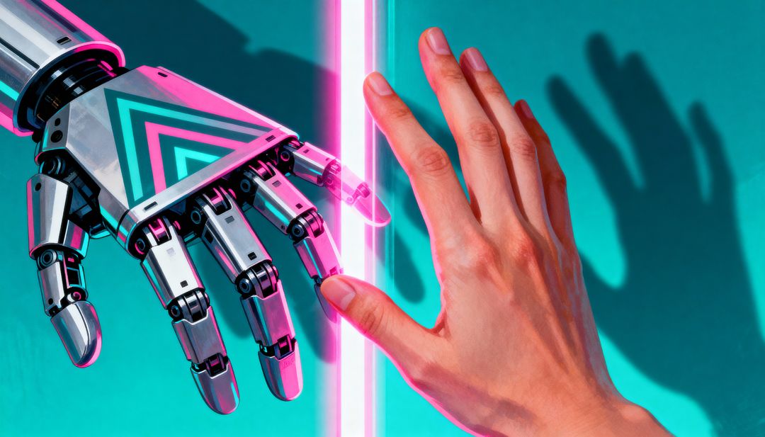 Connecting human hand with chrome robotic hand across neon divider, tech concept