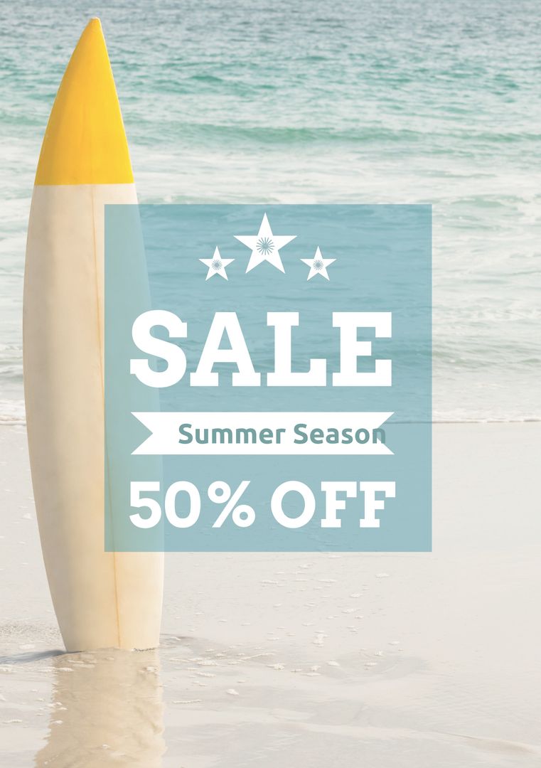 Summer Season Sale Promo with Surfboard at Beach - Download Free Stock Templates Pikwizard.com