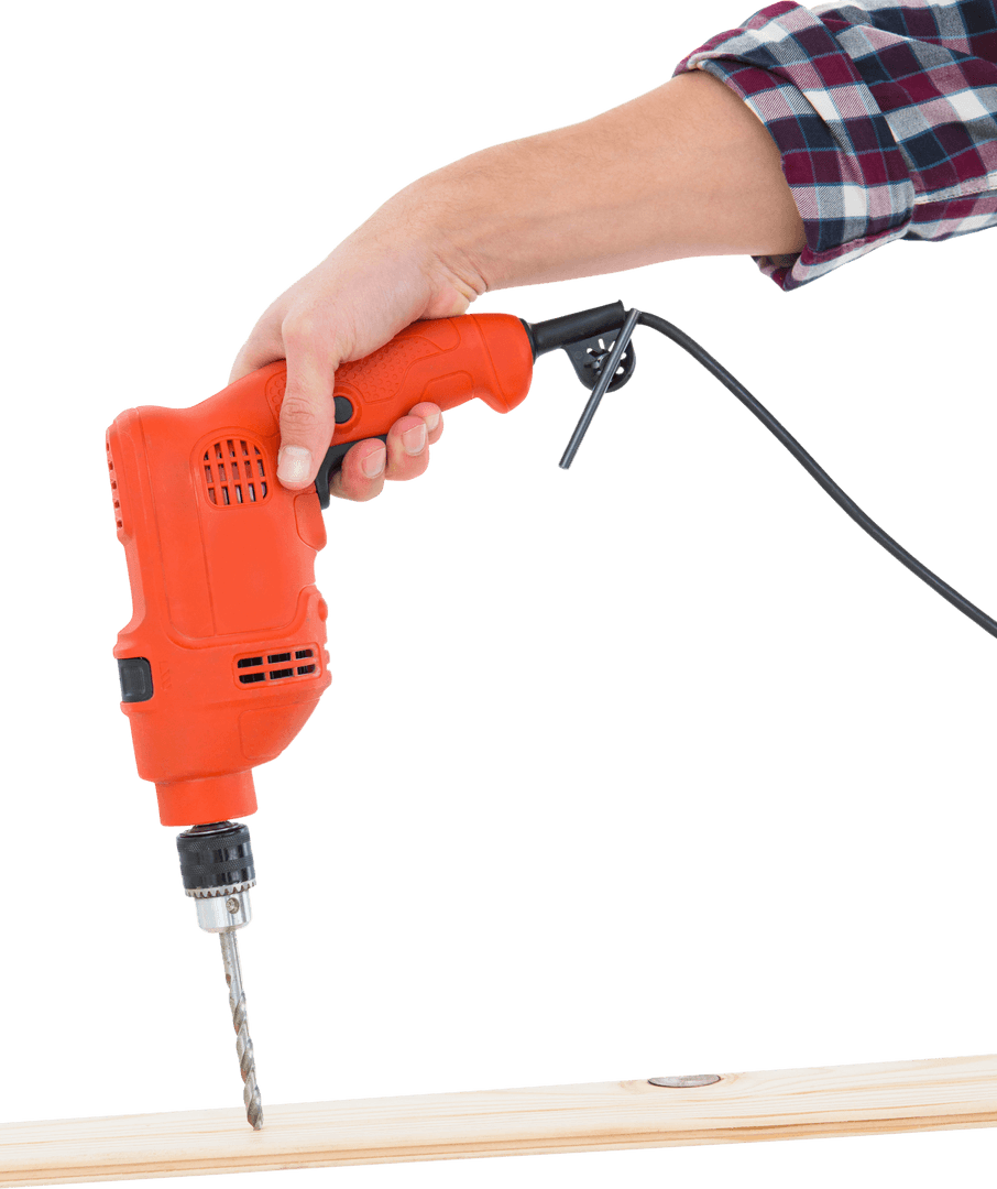 Transparent Close-Up of Carpenter Drilling Wood Using Electric Drill