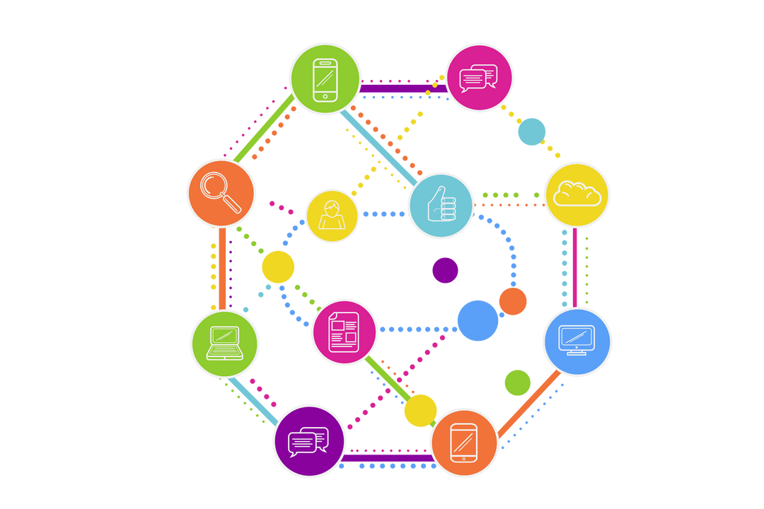 Colorful Network of Circle Icons on Transparent Background