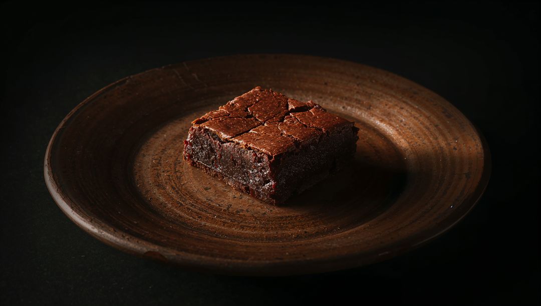 Fudgy Chocolate Brownie on Rustic Ceramic Plate with Crumb Detail and Moody Side Lighting