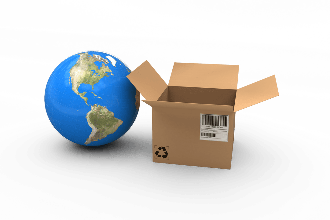 Transparent 3D Globe with Open Cardboard Box Illustration