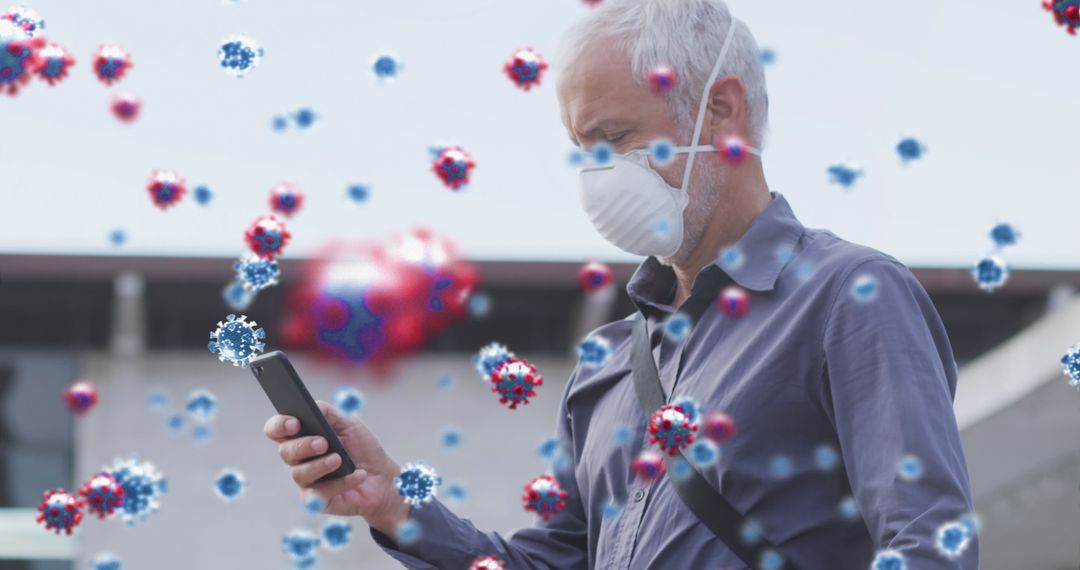 Senior Man with Face Mask Using Smartphone Amidst COVID-19 Concept