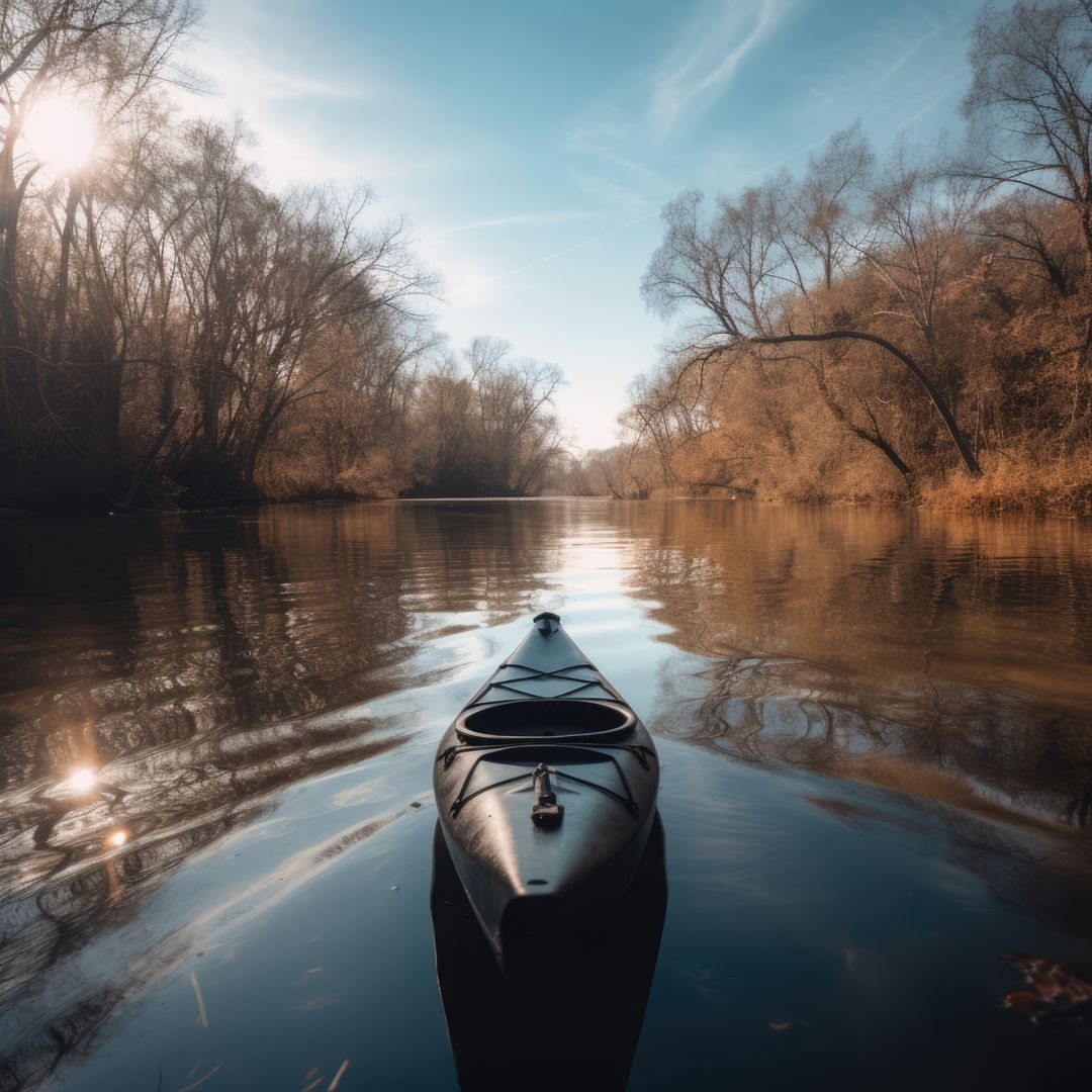 Blue kayak on calm lake with clear blue sky, created using generative ...