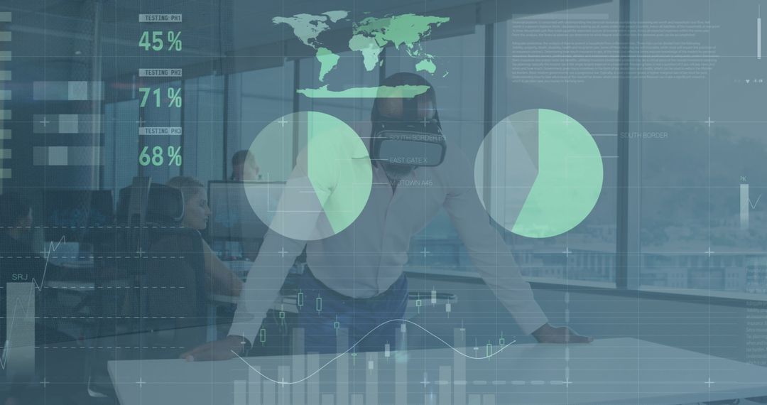 Businessman Using VR Technology for Data Analysis in Office