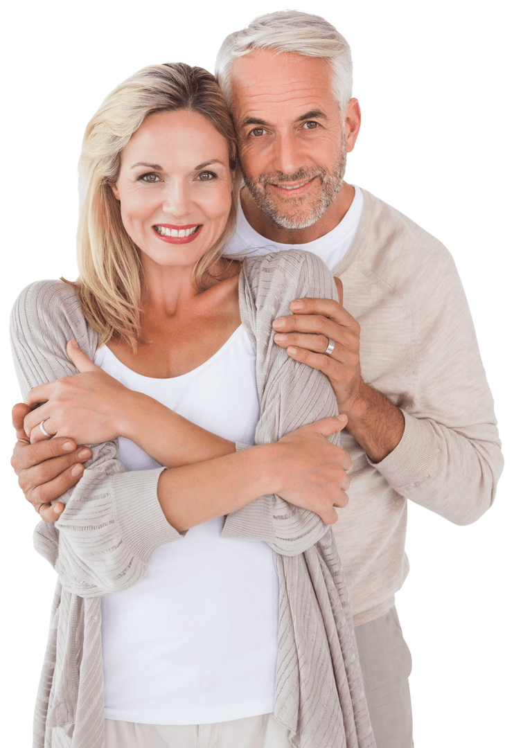 Happy Senior Couple Embracing Smiling at Camera on Transparent Background