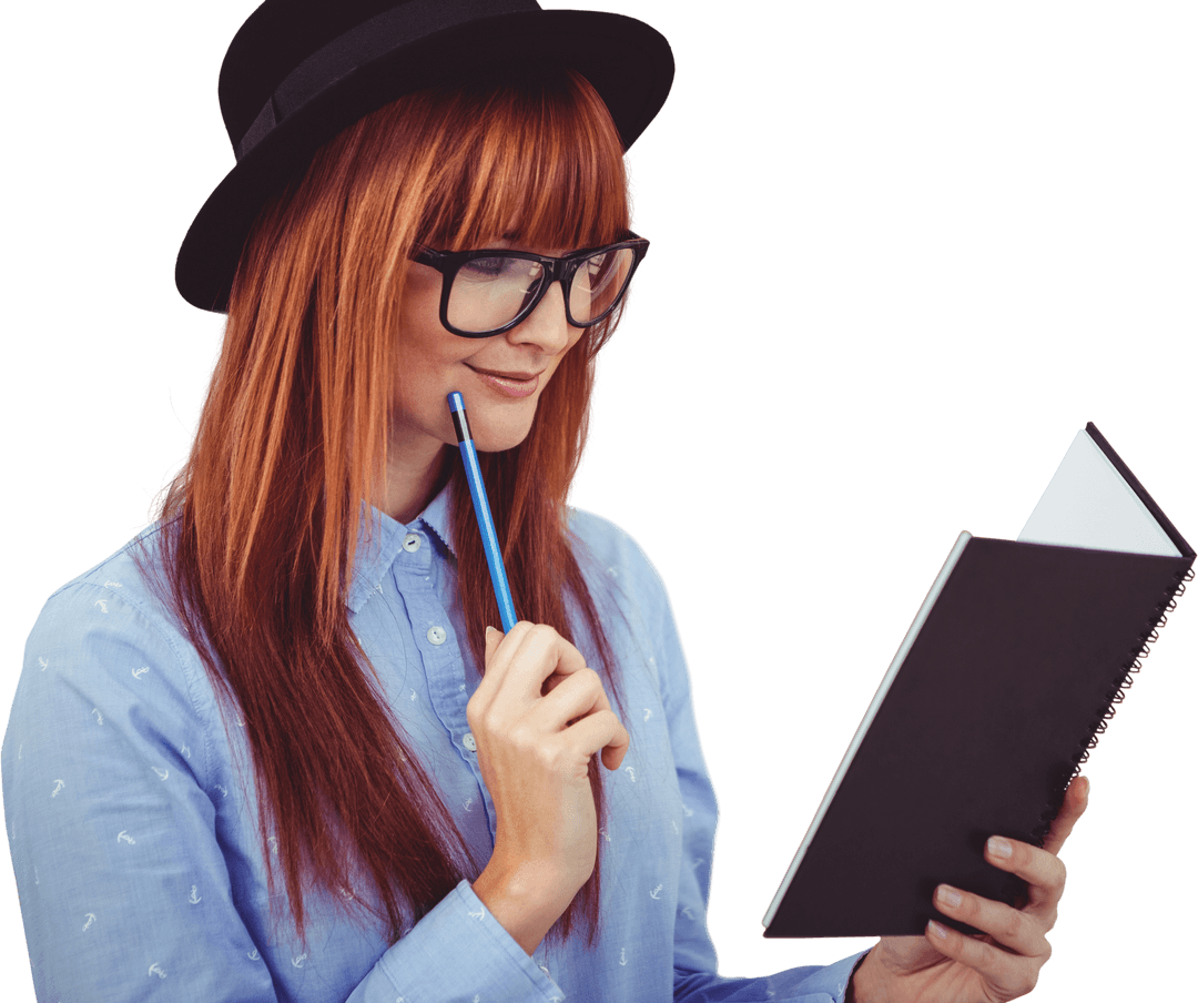 Smiling Stylish Woman Writing Notes on Transparent Background