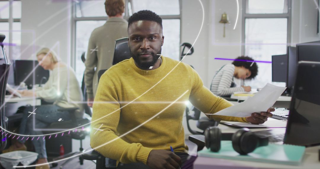 Digital Interface Overlay on Focused Business Professional in Modern Office