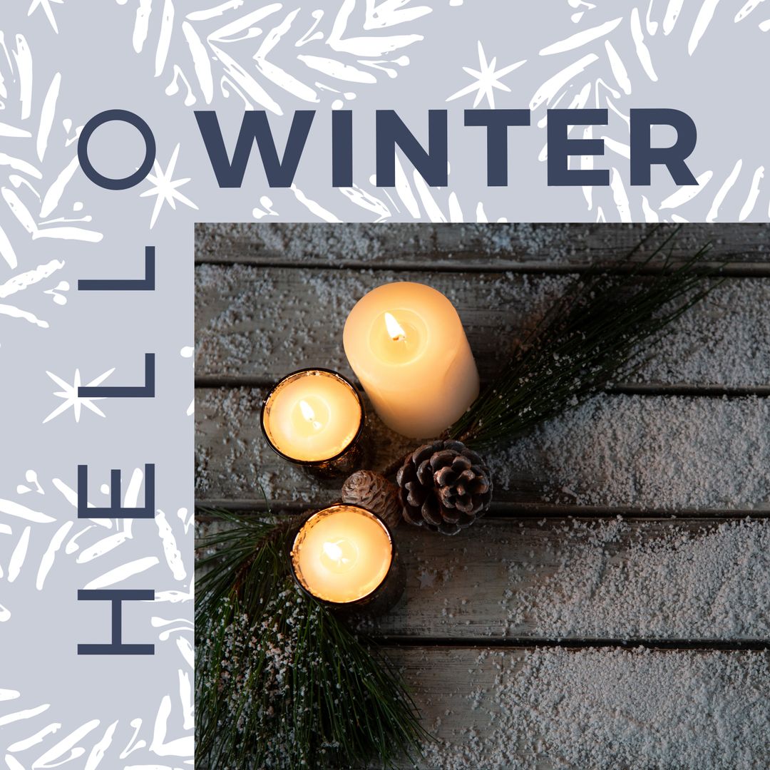 Winter Season Greeting with Candle Decorations and Pine Cones