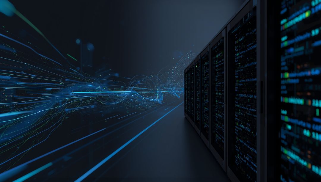 Futuristic Data Center Corridor with Glowing Server Racks