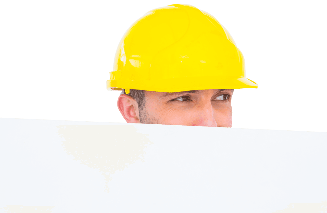 Handyman in Yellow Hard Hat Behind Transparent Blank Board