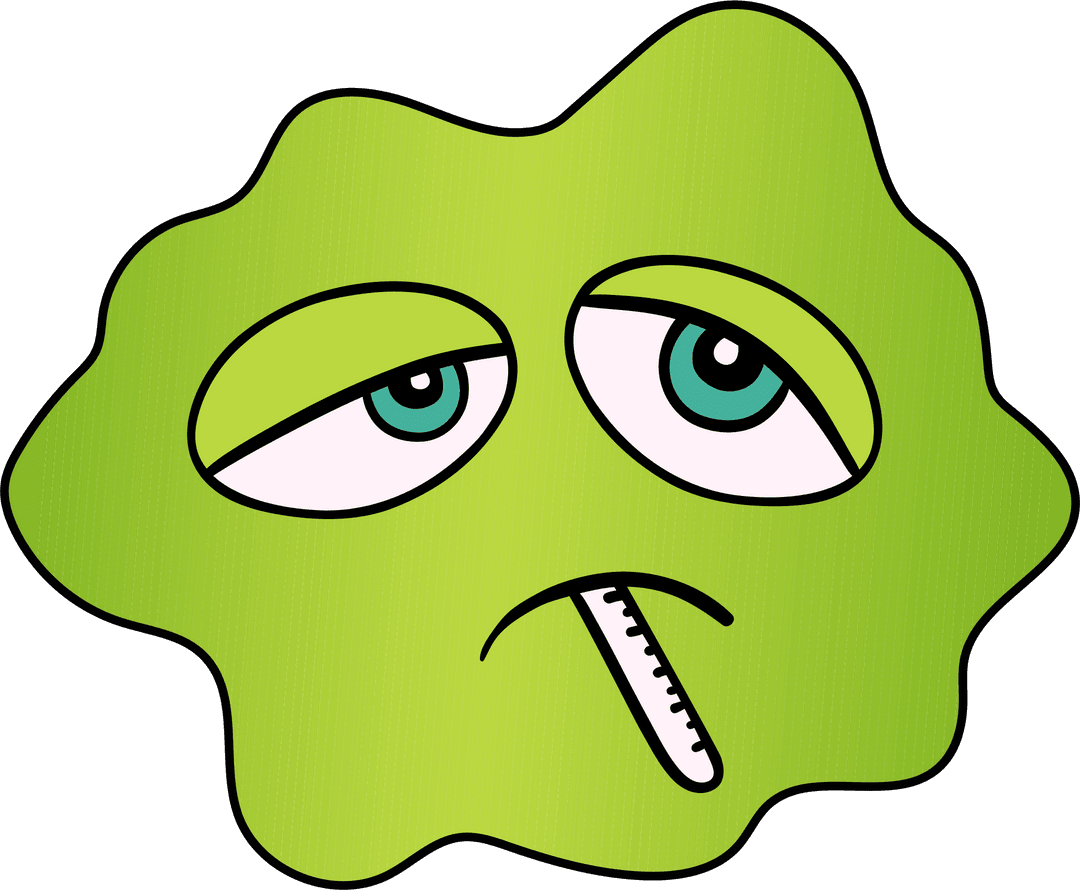Sick Green Face with Thermometer on Transparent Background